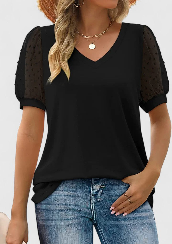 Anjela | V-Neck Sheer Sleeve Top