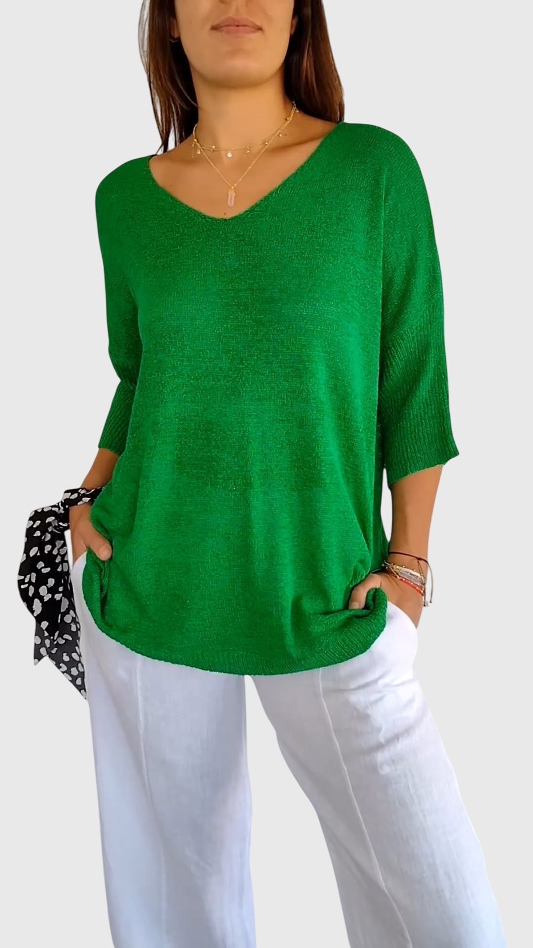 Gardenia | V-Neck Knit Tunic Top with 3/4 Sleeves