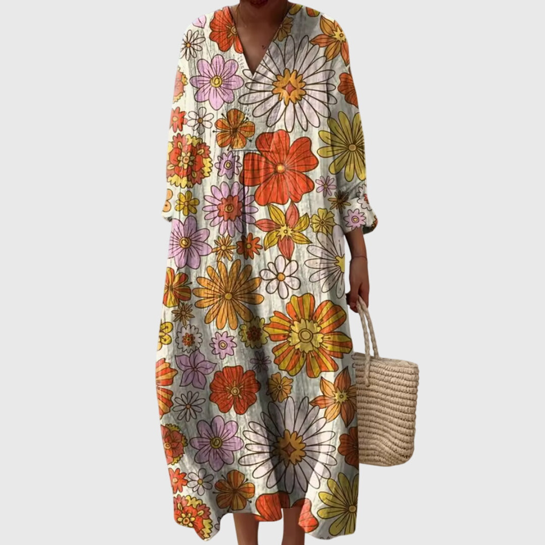 Cleia | Striped Patchwork Maxi Dress with Sleeves