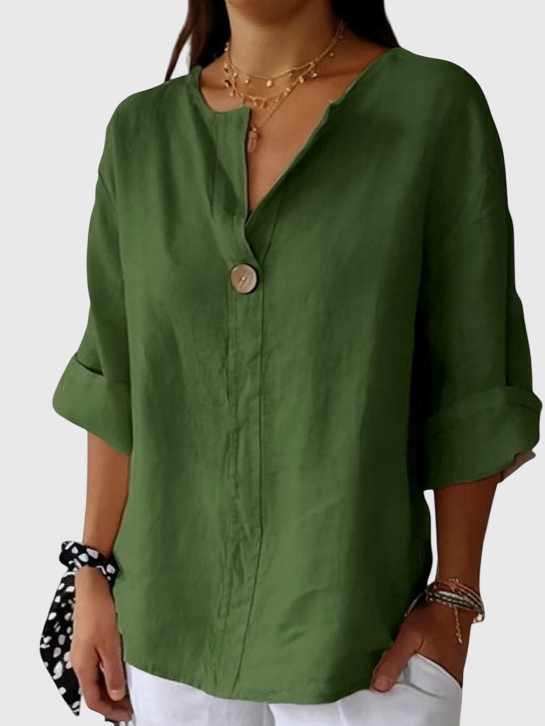 Olga | V-Neck Linen Blouse with Button Detail 3/4 Sleeves