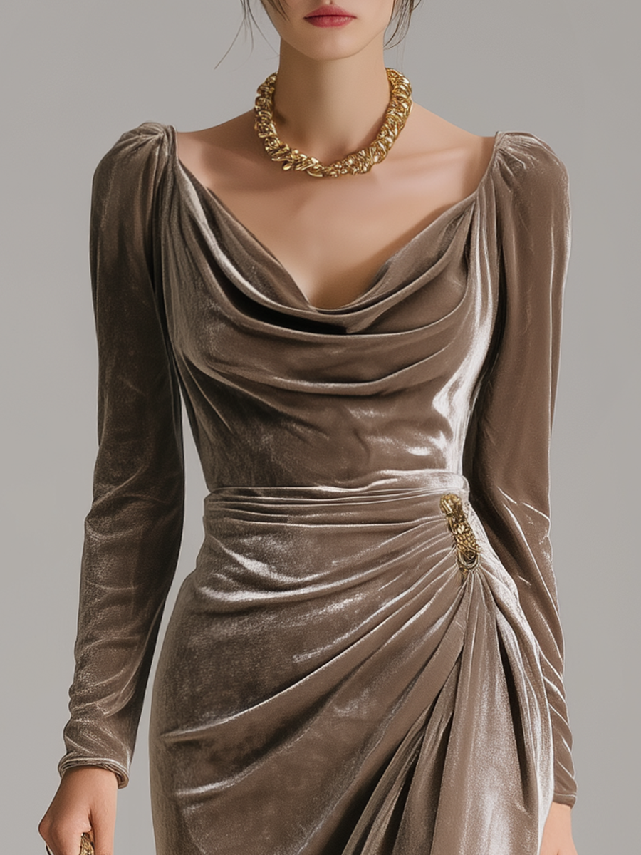 Adelina | Velvet Cowl Neck Midi Dress Ruched
