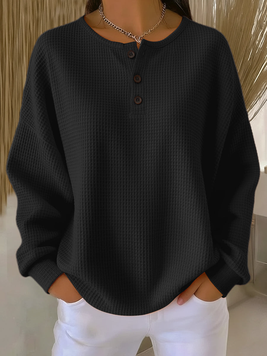 Mercedes | Button Placket Waffle Knit Henley Sweater