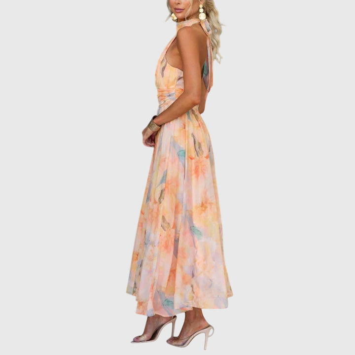 Bellisande | Peach Floral Halter Neck Maxi Dress