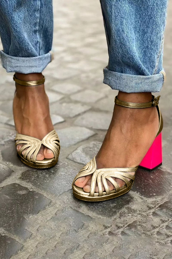 Anne | Gold Strappy Block Heel Sandals with Ankle Strap