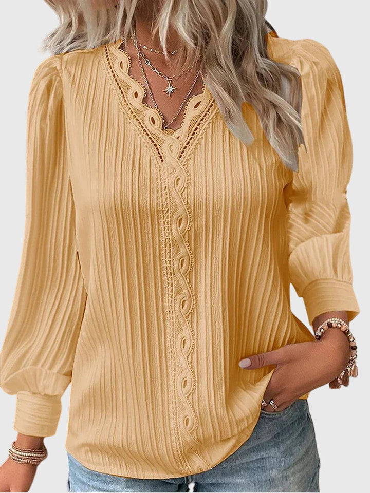 Vanya | Lace Trim V-Neck Blouse with Long Sleeves