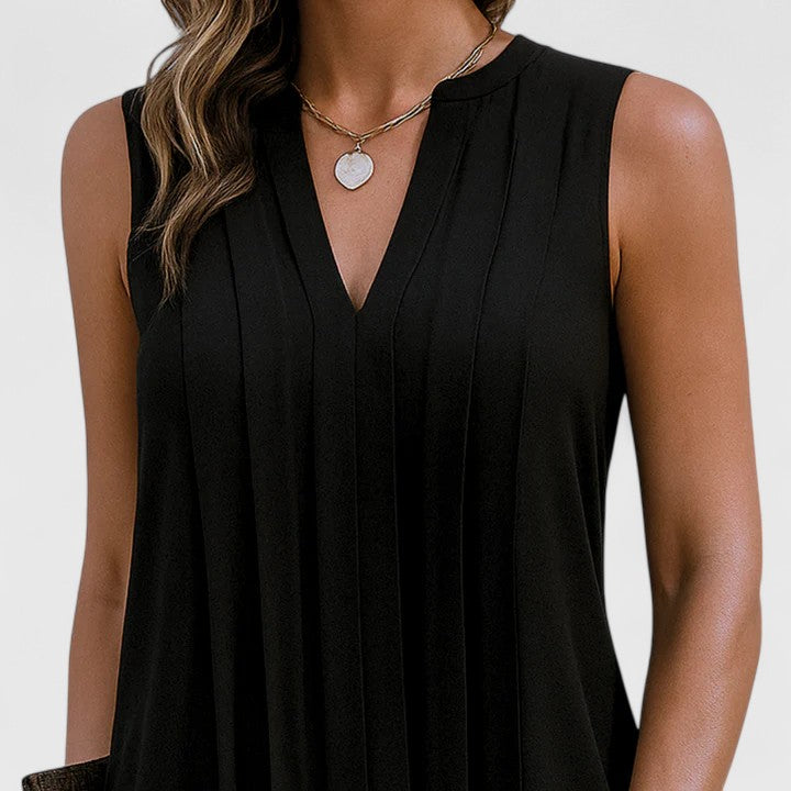 Mahala | Pleated V-Neck Sleeveless Shift Mini Dress