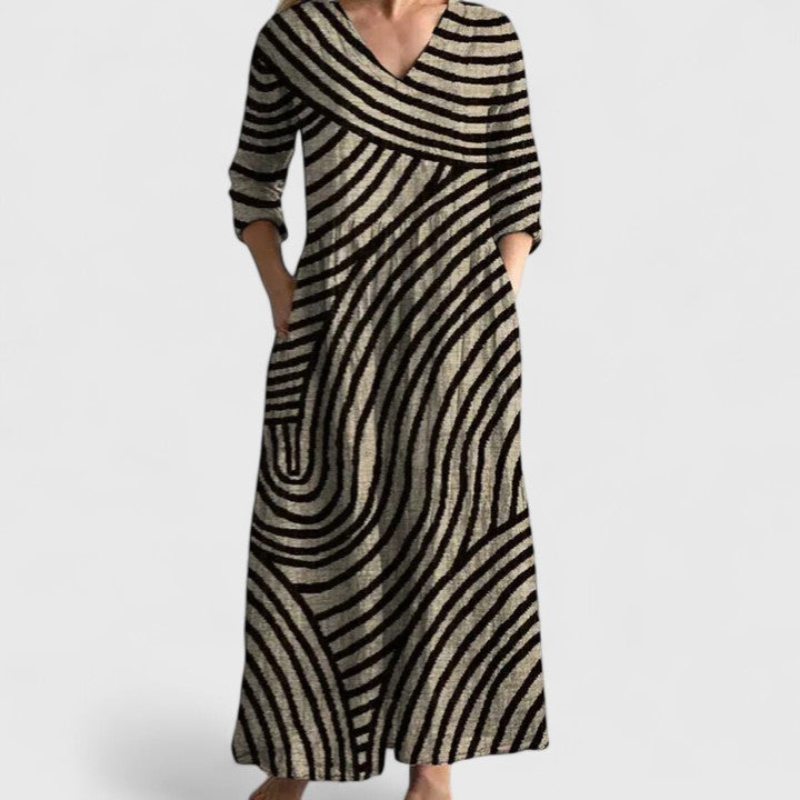 Marguerite-Rose | Black Striped Empire Waist Maxi Dress
