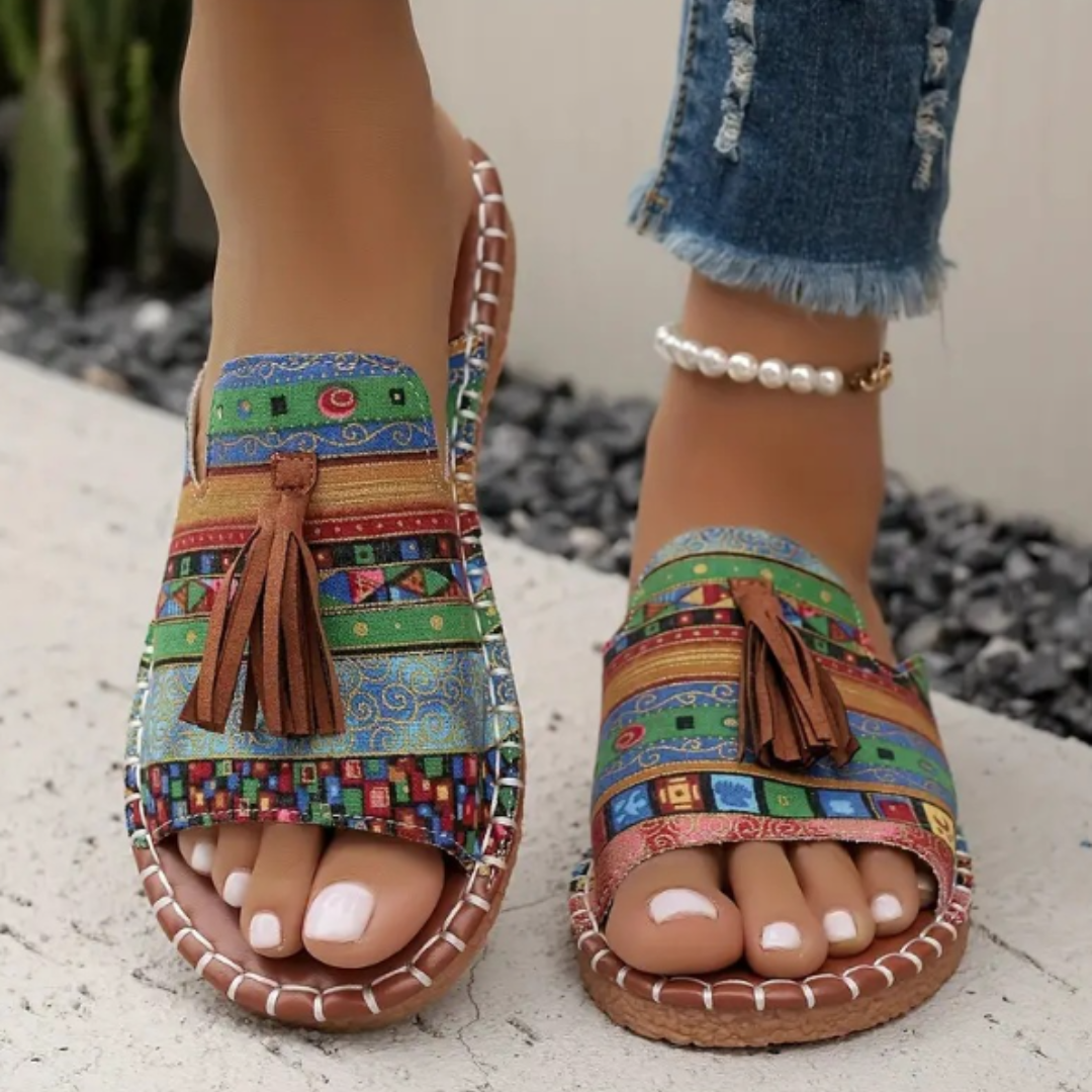 Patience | Bohemian Slide Sandals with Tassel Detail