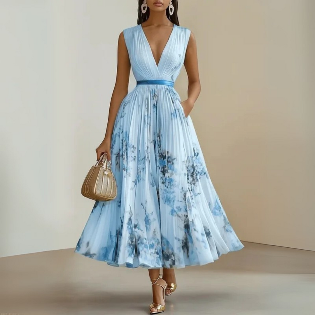 Bellamira | Floral Pleated Empire Waist Dress V-Neck