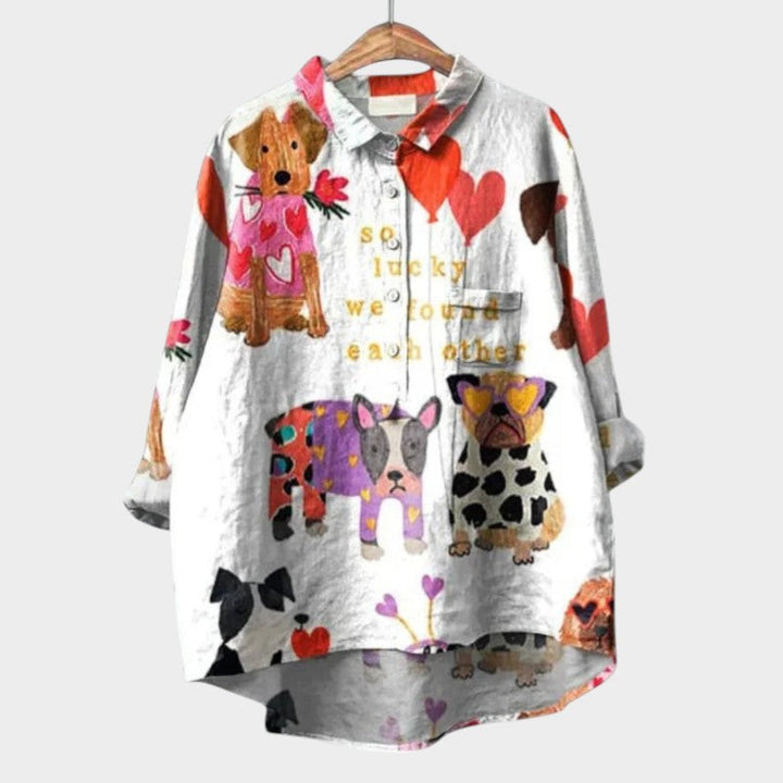 Sheryl | Dog Print Button-Up Blouse Long Sleeve