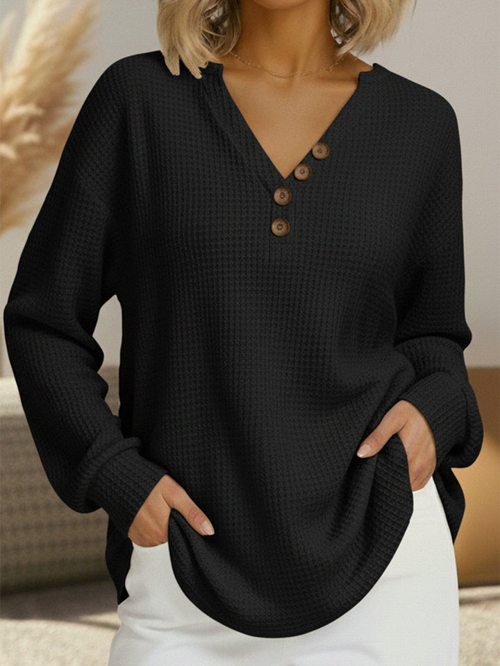 Estefania | Waffle Knit V-Neck Henley Sweater