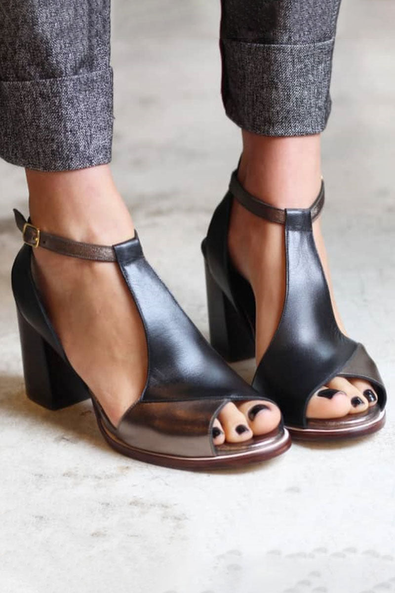 Reba | Black Block Heel Ankle Strap Sandals