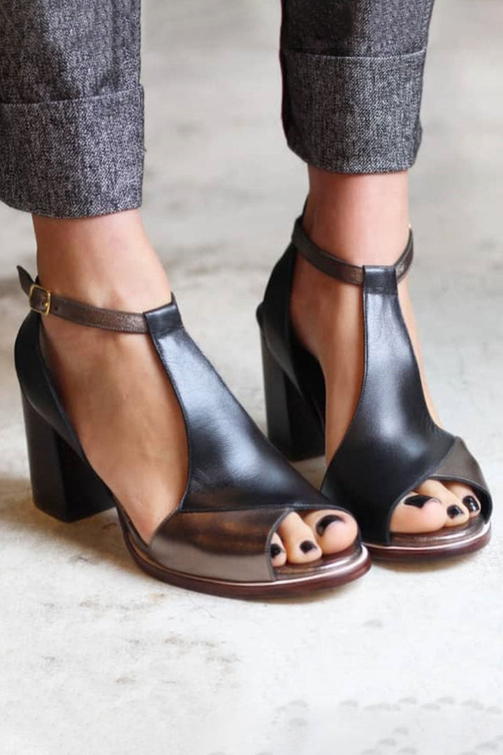 Reba | Black Block Heel Ankle Strap Sandals