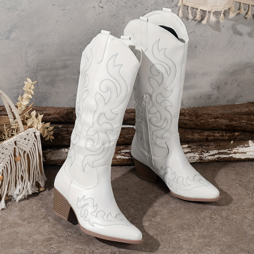 Drew | Embroidered Knee-High Cowboy Boots with Block Heel