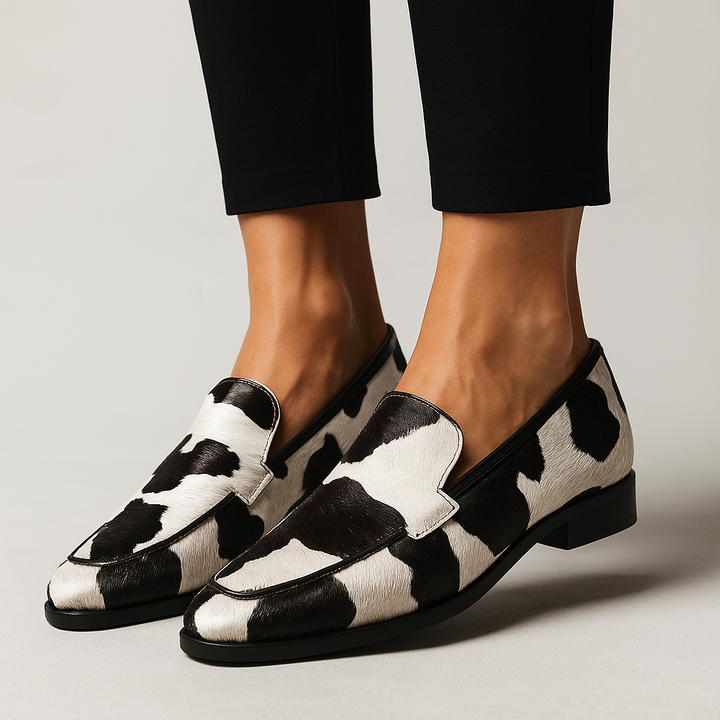 Zenobia | Black White Cow Print Loafers for Women