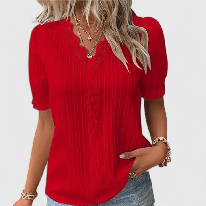 Zosia | Lace Trim V-Neck Blouse Puff Sleeves