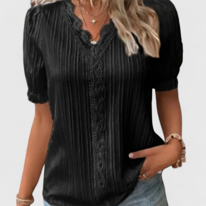 Zosia | Lace Trim V-Neck Blouse Puff Sleeves