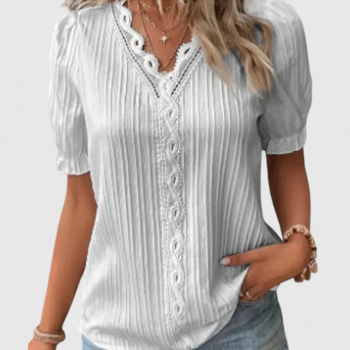 Zosia | Lace Trim V-Neck Blouse Puff Sleeves