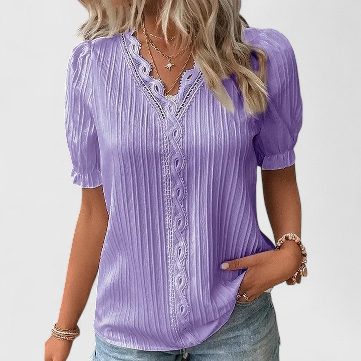 Zosia | Lace Trim V-Neck Blouse Puff Sleeves