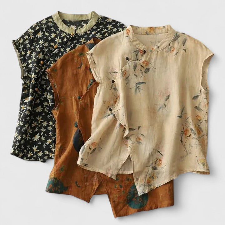 Tea | Floral Sleeveless Blouse with Mandarin Collar