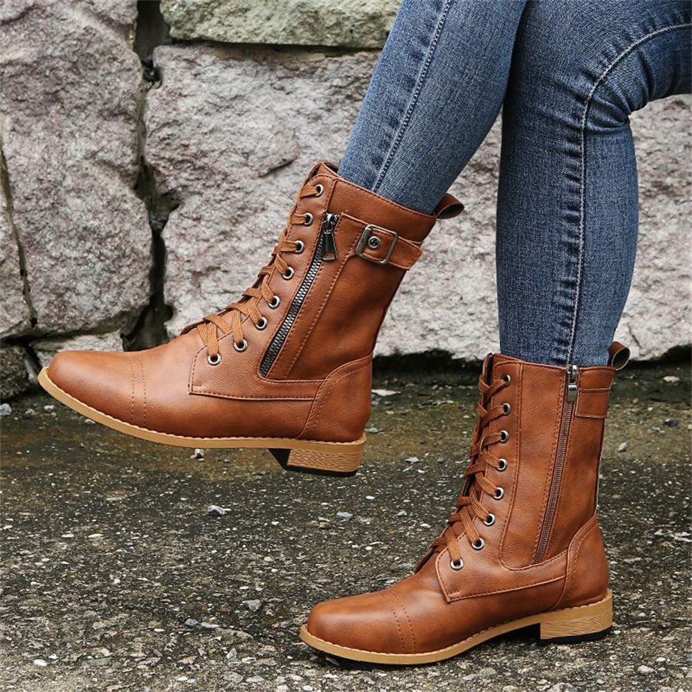 Vesna | Lace-Up Combat Mid-Calf Boots with Side Zip