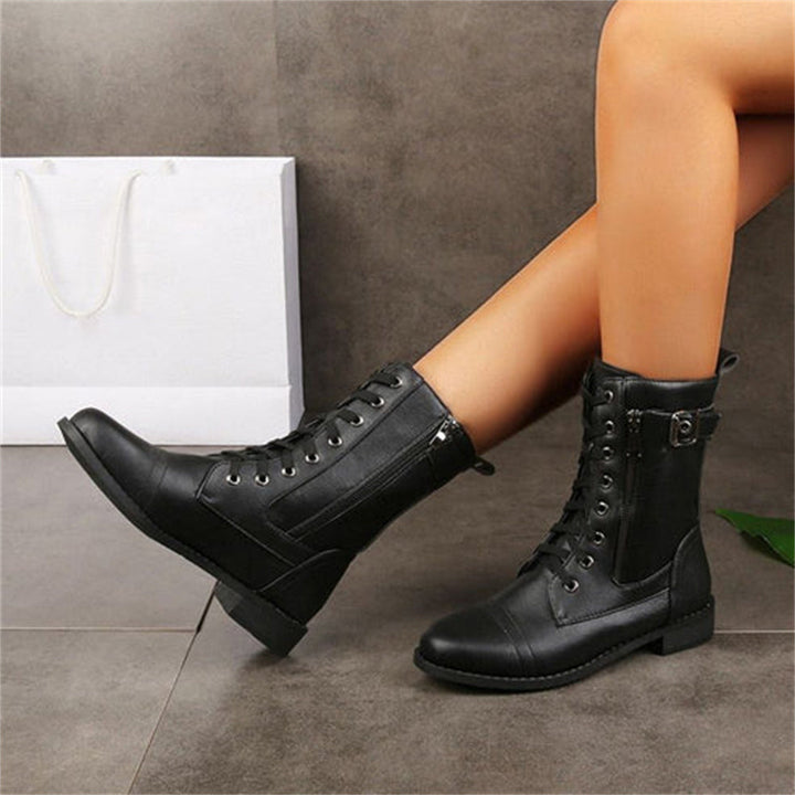 Vesna | Lace-Up Combat Mid-Calf Boots with Side Zip