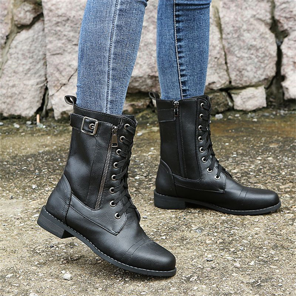Vesna | Lace-Up Combat Mid-Calf Boots with Side Zip