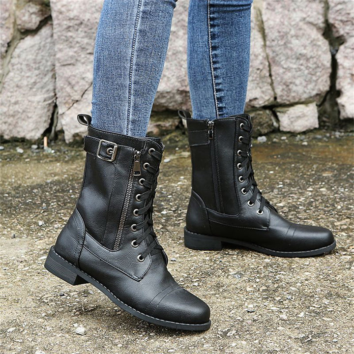 Vesna | Lace-Up Combat Mid-Calf Boots with Side Zip