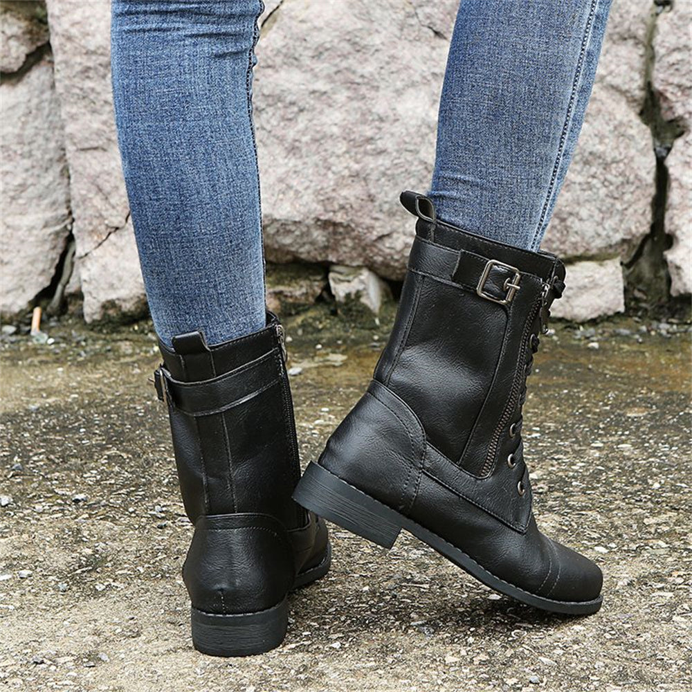 Vesna | Lace-Up Combat Mid-Calf Boots with Side Zip