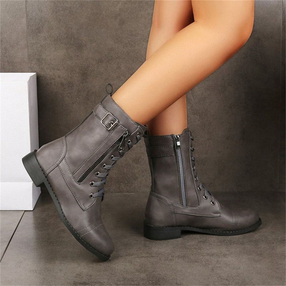 Vesna | Lace-Up Combat Mid-Calf Boots with Side Zip