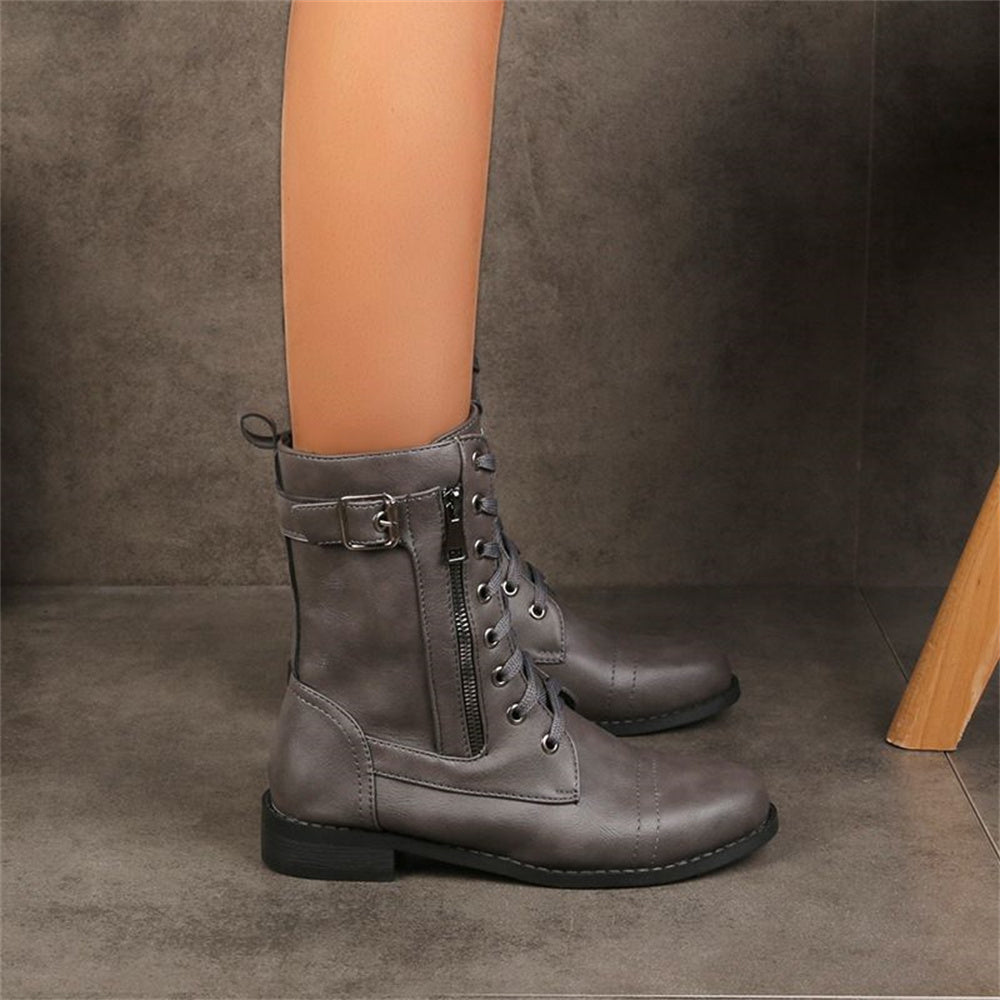 Vesna | Lace-Up Combat Mid-Calf Boots with Side Zip
