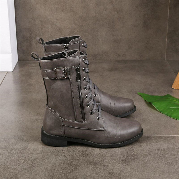 Vesna | Lace-Up Combat Mid-Calf Boots with Side Zip