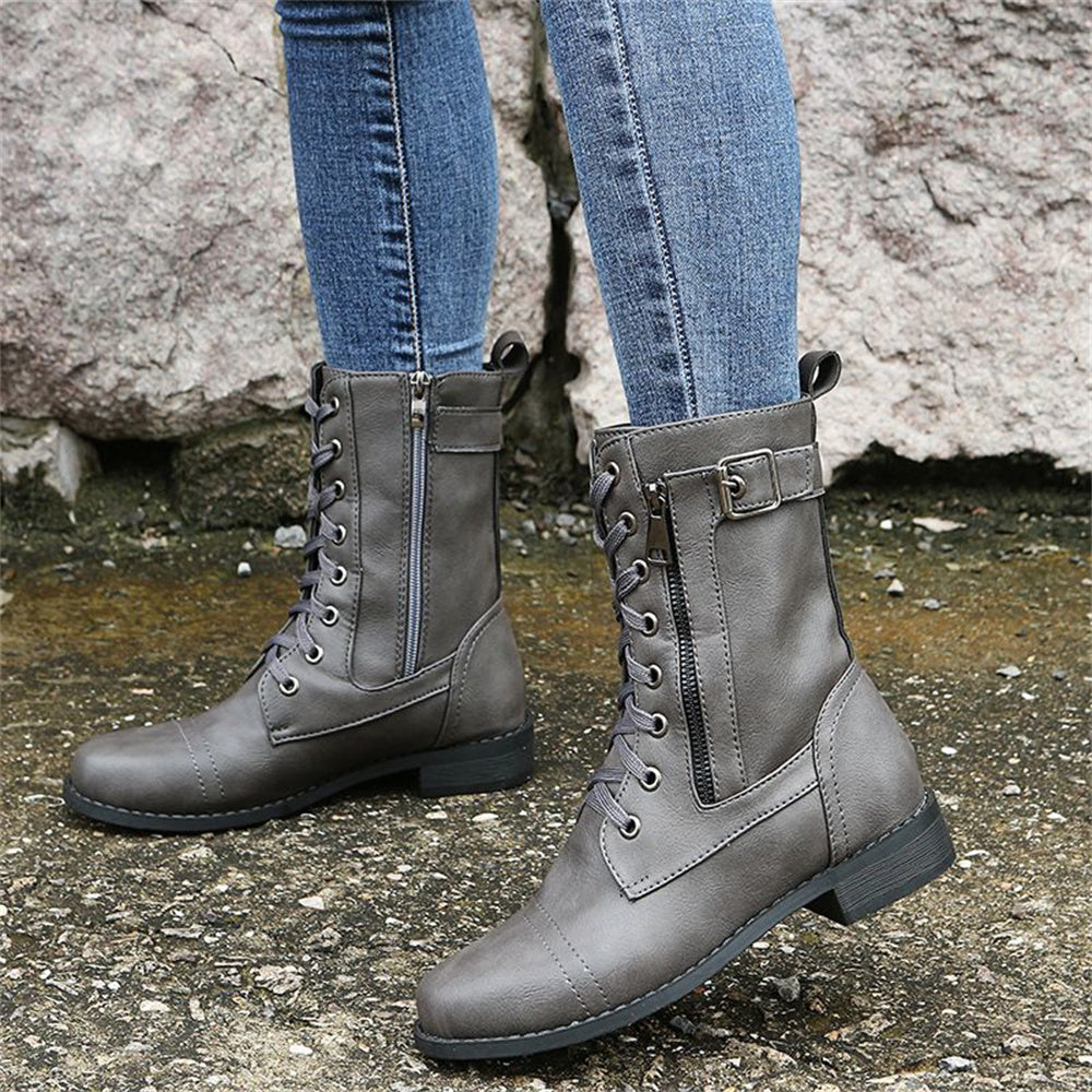 Vesna | Lace-Up Combat Mid-Calf Boots with Side Zip