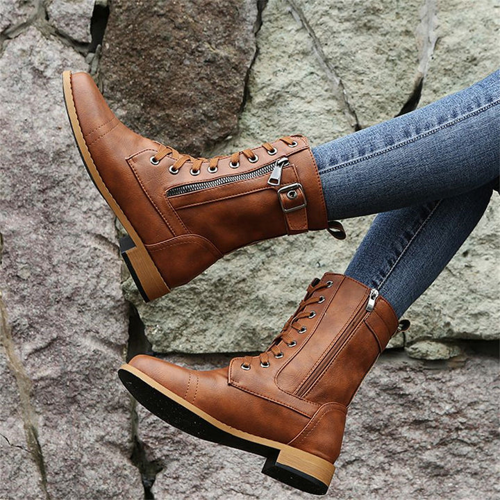 Vesna | Lace-Up Combat Mid-Calf Boots with Side Zip
