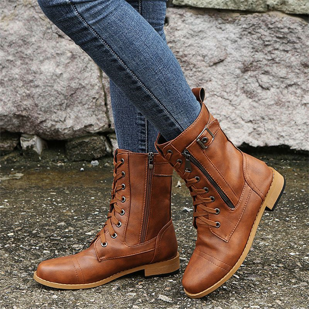 Vesna | Lace-Up Combat Mid-Calf Boots with Side Zip