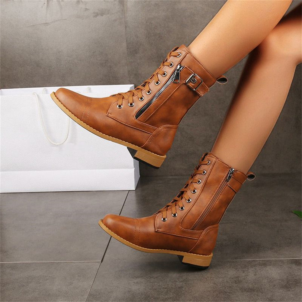 Vesna | Lace-Up Combat Mid-Calf Boots with Side Zip