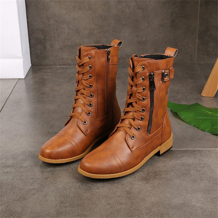 Vesna | Lace-Up Combat Mid-Calf Boots with Side Zip