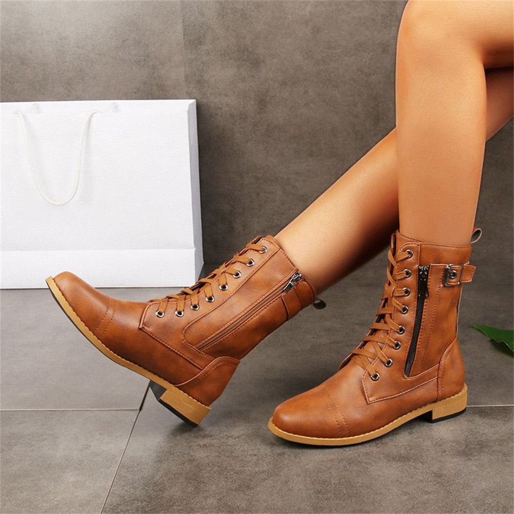 Vesna | Lace-Up Combat Mid-Calf Boots with Side Zip