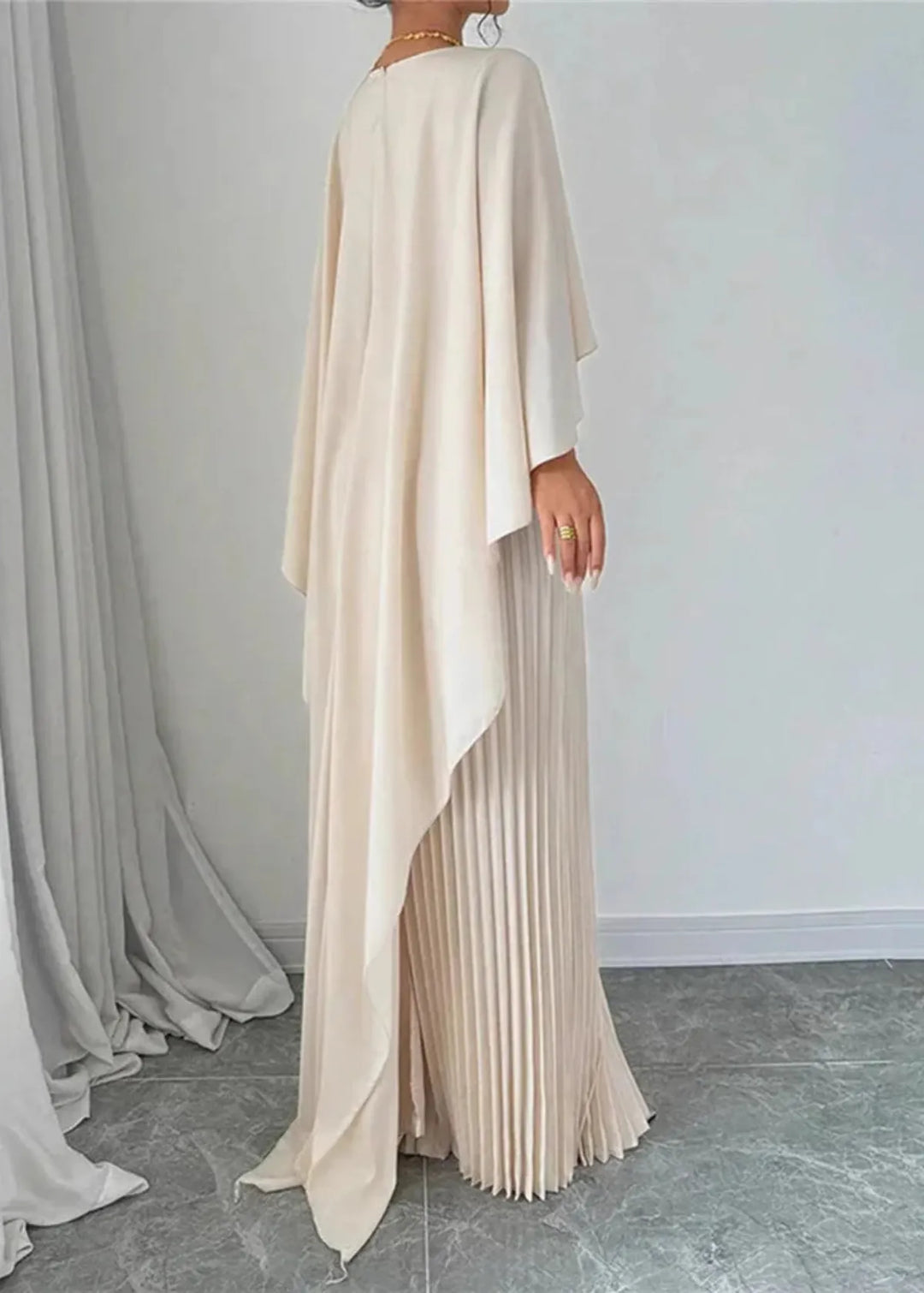 Idoia | Pleated Cape Maxi Dress with Overlay