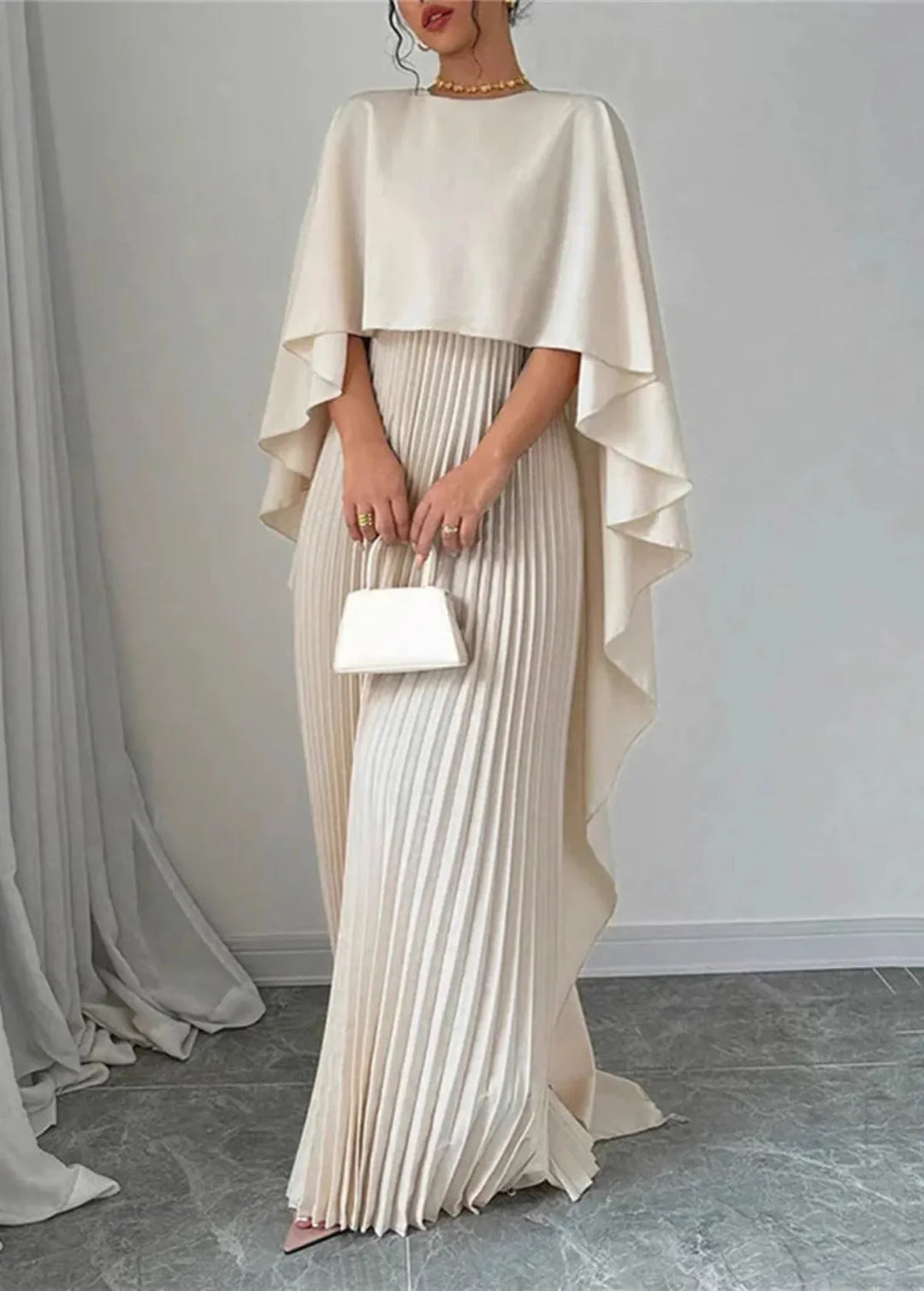 Idoia | Pleated Cape Maxi Dress with Overlay