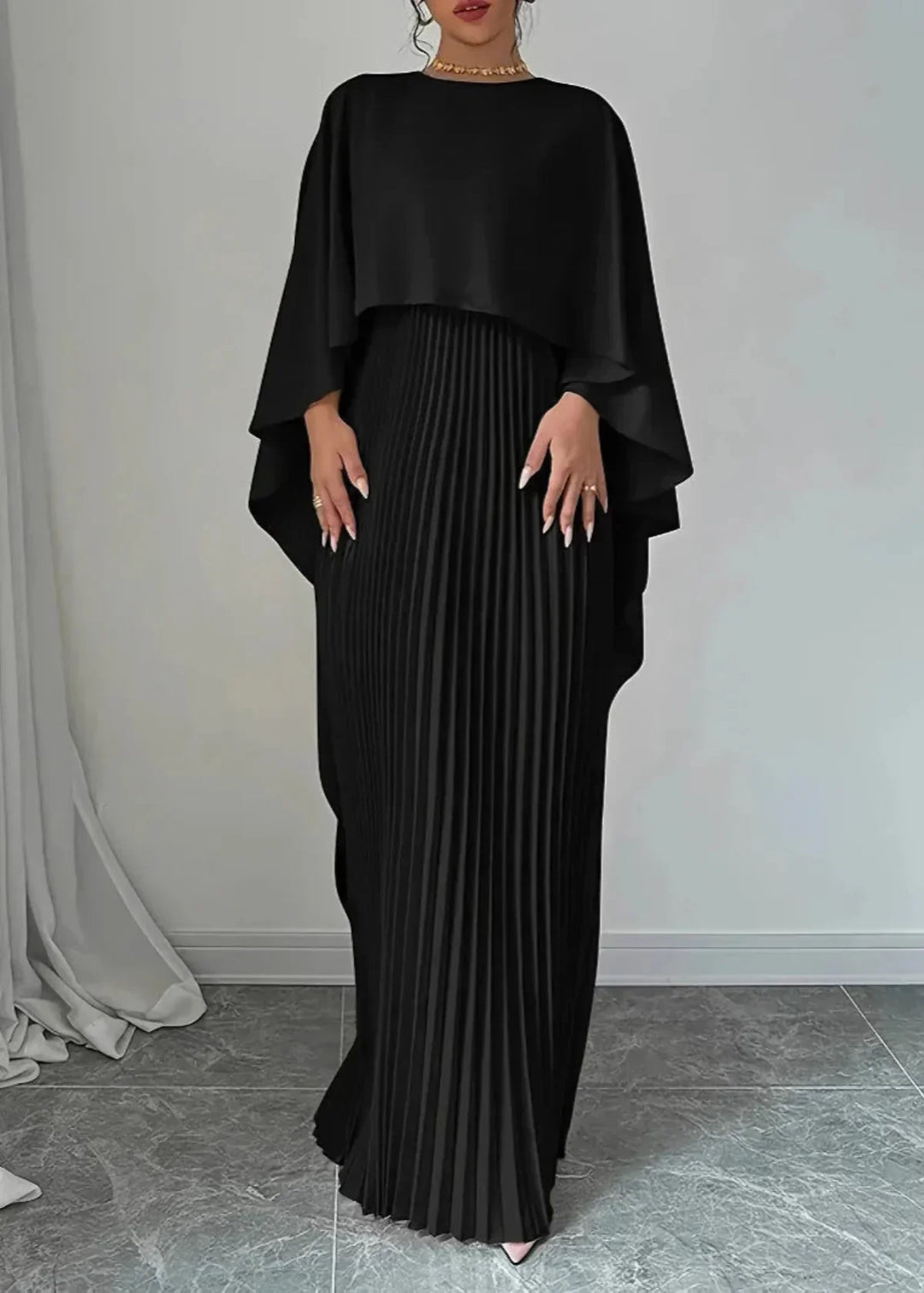 Idoia | Pleated Cape Maxi Dress with Overlay