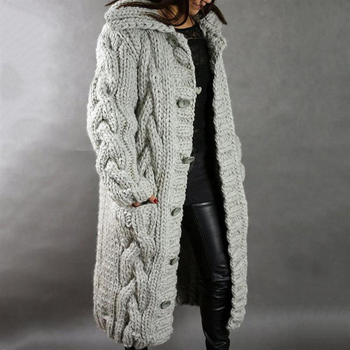 Roxie | Long Hooded Cable Knit Cardigan Coat