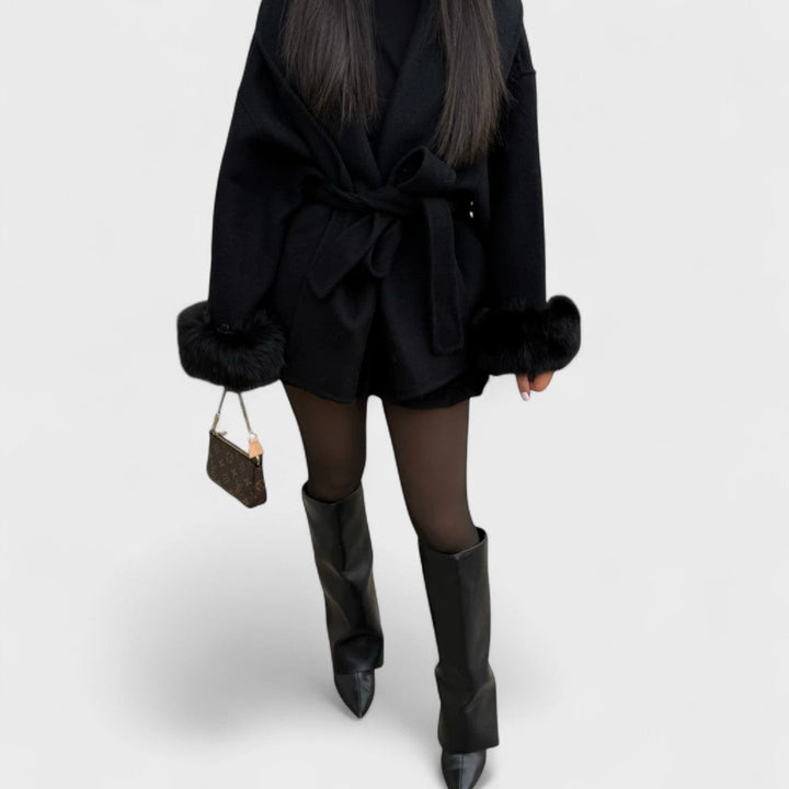 Pam | Belted Wool Coat with Faux Fur Cuffs