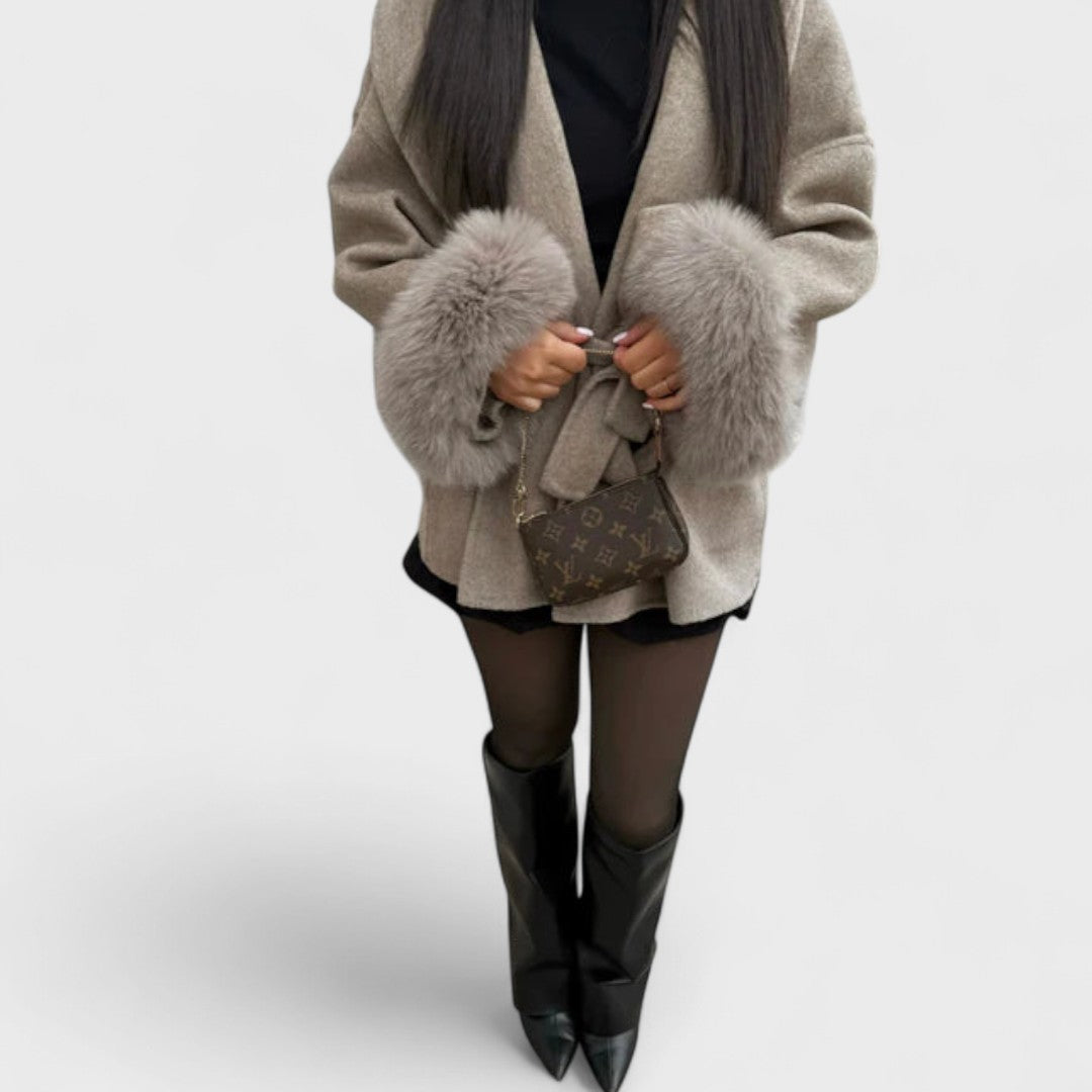 Pam | Belted Wool Coat with Faux Fur Cuffs