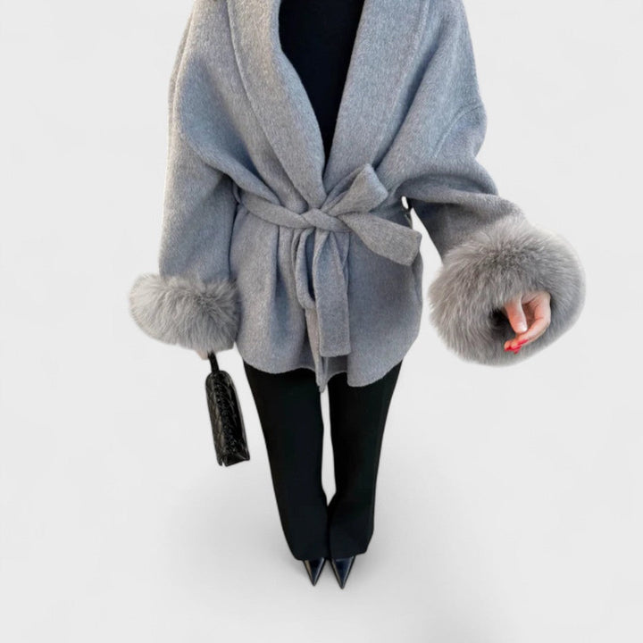 Pam | Belted Wool Coat with Faux Fur Cuffs