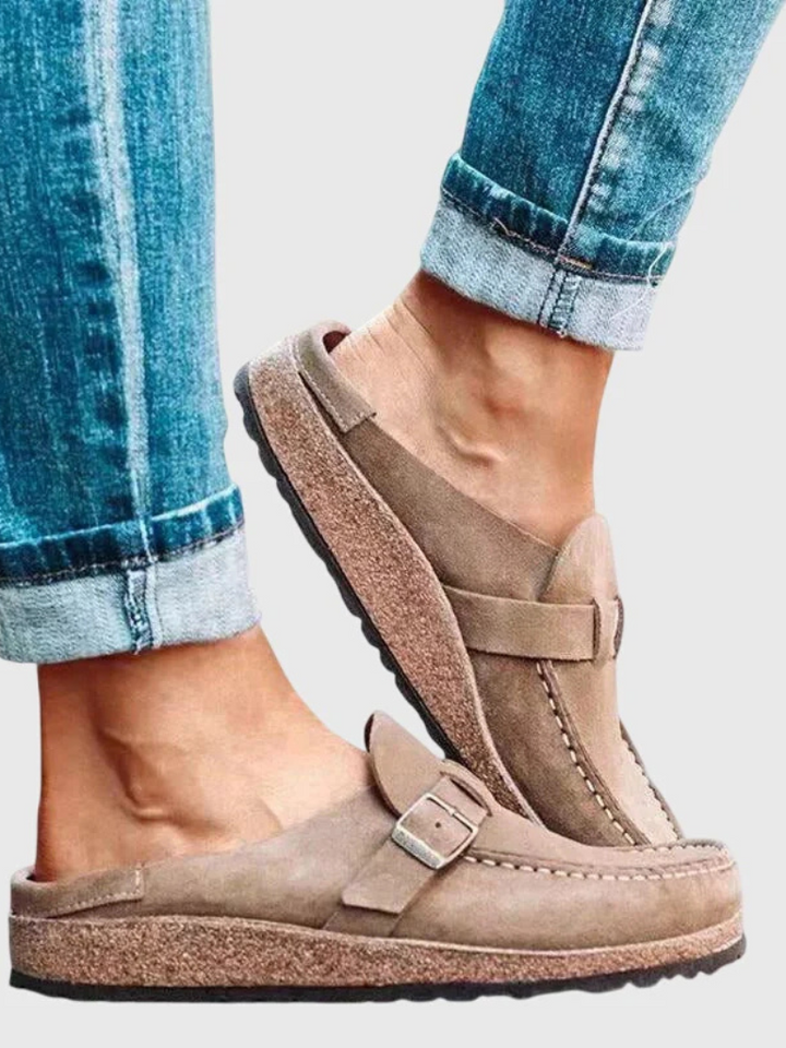 Sapphira | Suede Buckle-Strap Closed-Toe Clogs