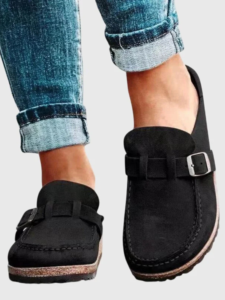 Sapphira | Suede Buckle-Strap Closed-Toe Clogs