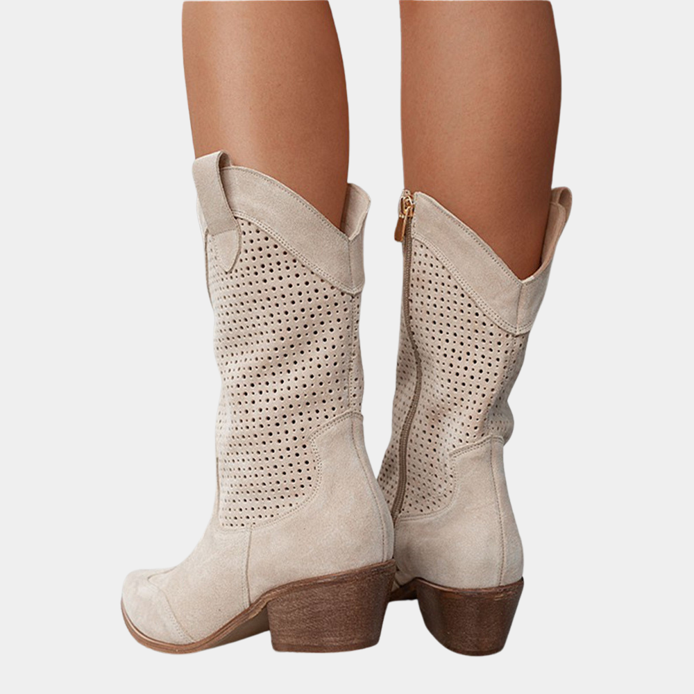 Wanda | Perforated Mid Calf Block Boots