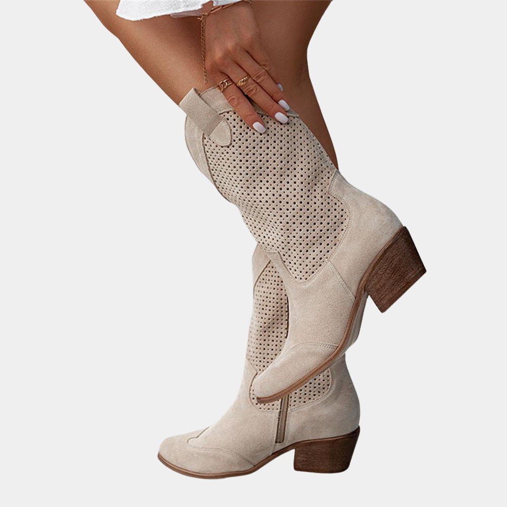 Wanda | Perforated Mid Calf Block Boots