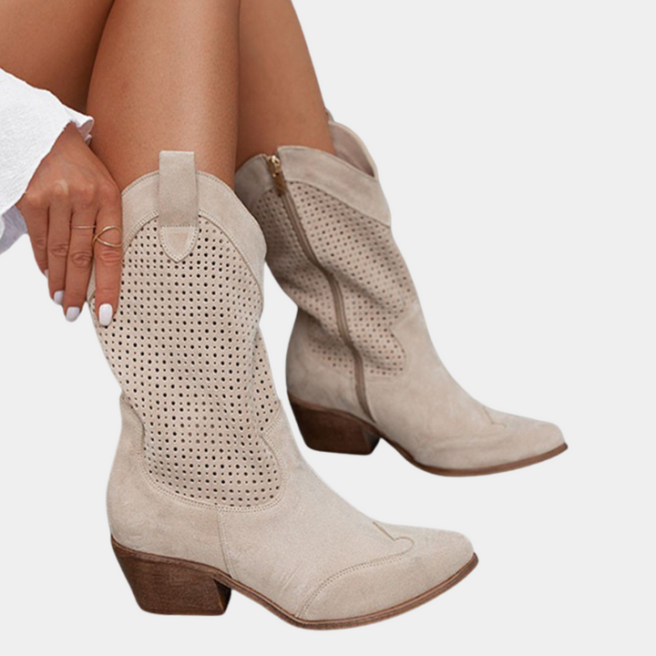 Wanda | Perforated Mid Calf Block Boots